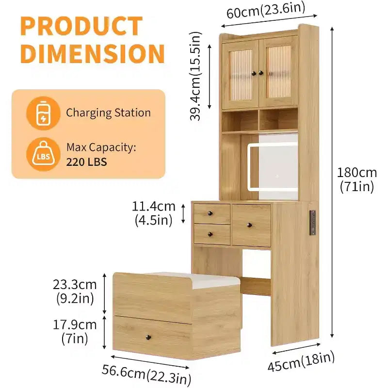 Coiffeuse compacte Acekool avec miroir, éclairage réglable, tiroir de rangement et station de charge, ensemble de table de maquillage pour chambre à coucher