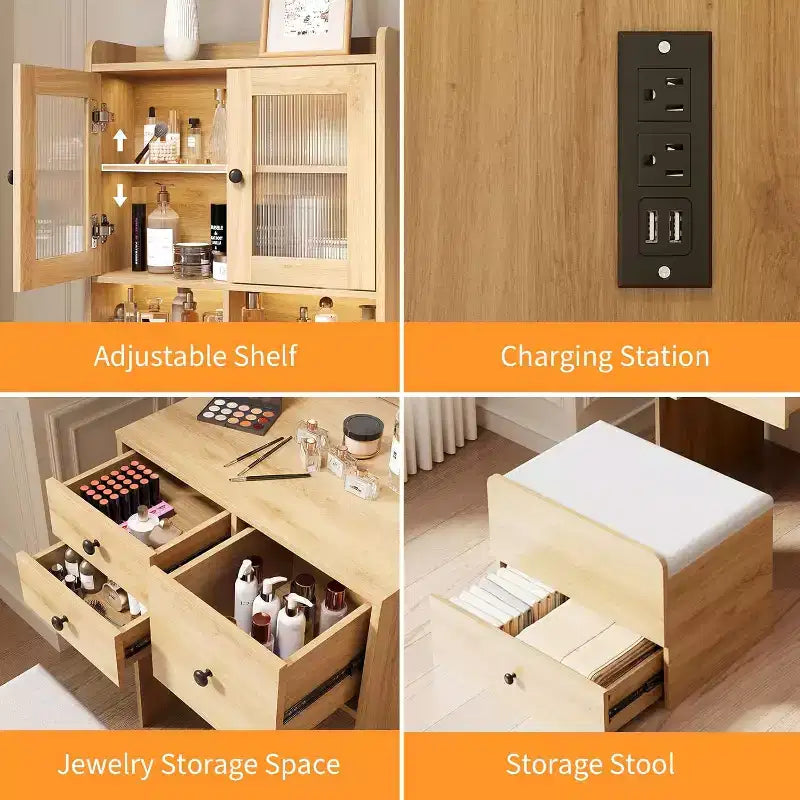 Coiffeuse compacte Acekool avec miroir, éclairage réglable, tiroir de rangement et station de charge, ensemble de table de maquillage pour chambre à coucher
