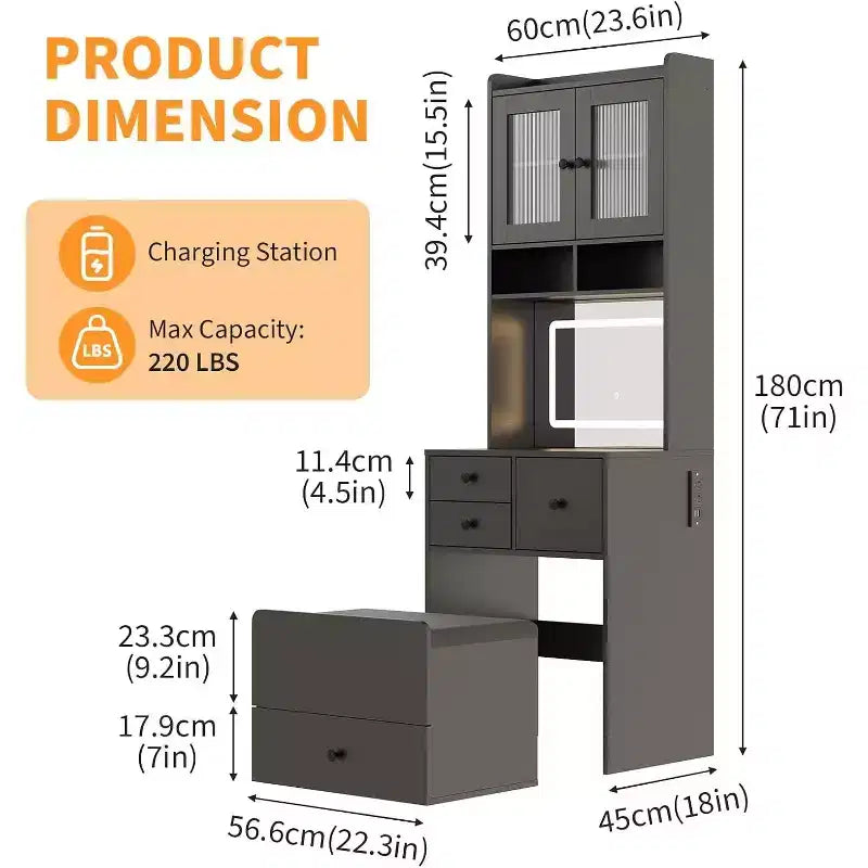 Coiffeuse compacte Acekool avec miroir, éclairage réglable, tiroir de rangement et station de charge, ensemble de table de maquillage pour chambre à coucher