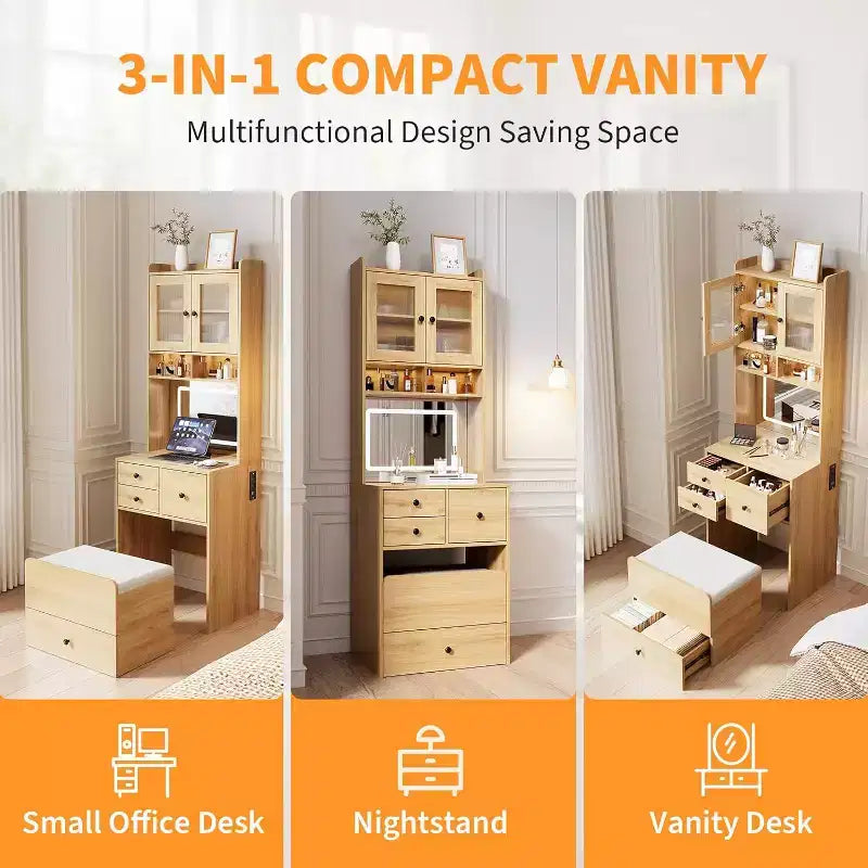 Coiffeuse compacte Acekool avec miroir, éclairage réglable, tiroir de rangement et station de charge, ensemble de table de maquillage pour chambre à coucher