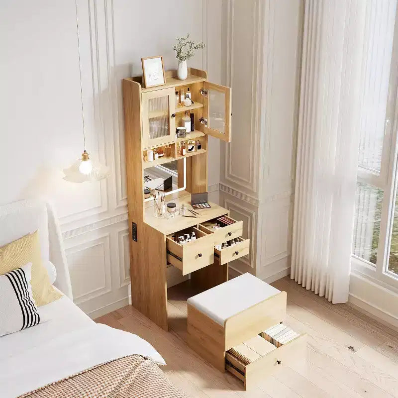 Coiffeuse compacte Acekool avec miroir, éclairage réglable, tiroir de rangement et station de charge, ensemble de table de maquillage pour chambre à coucher