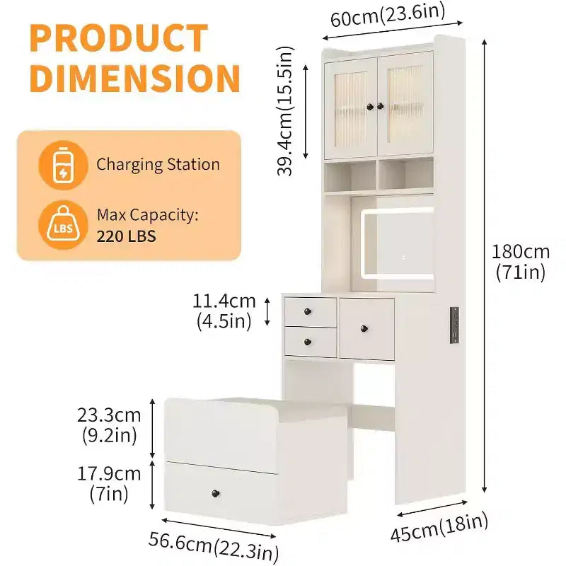 Coiffeuse compacte Acekool avec miroir, éclairage réglable, tiroir de rangement et station de charge, ensemble de table de maquillage pour chambre à coucher