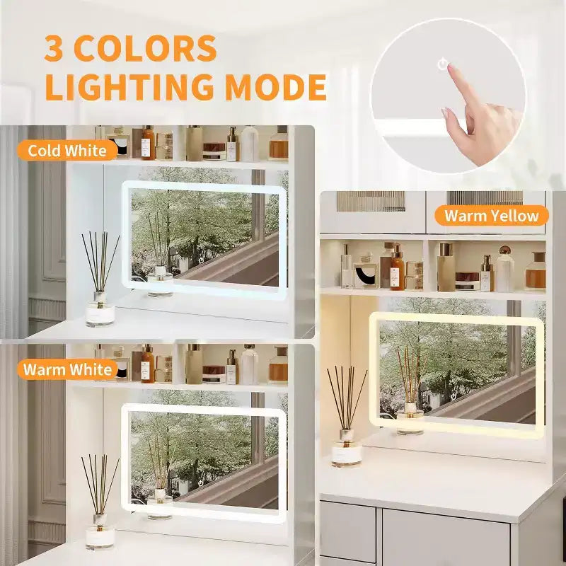 Coiffeuse compacte Acekool avec miroir, éclairage réglable, tiroir de rangement et station de charge, ensemble de table de maquillage pour chambre à coucher