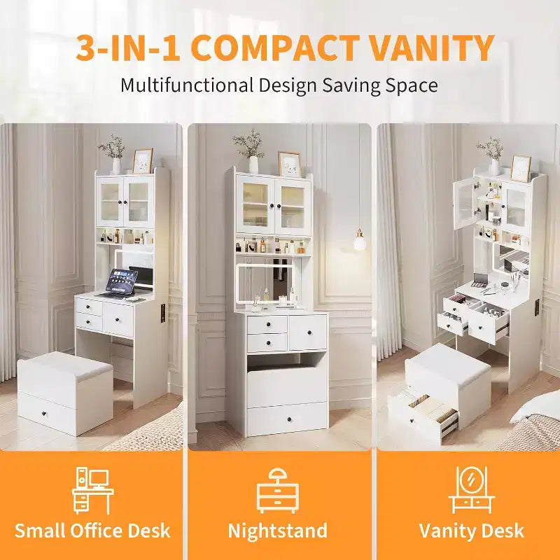 Coiffeuse compacte Acekool avec miroir, éclairage réglable, tiroir de rangement et station de charge, ensemble de table de maquillage pour chambre à coucher