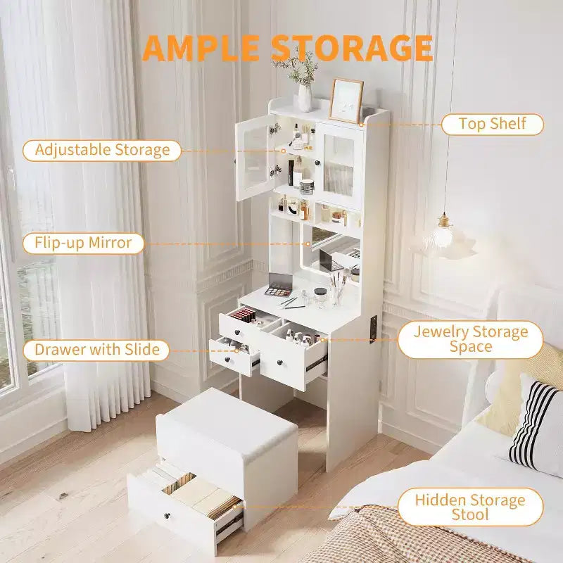 Coiffeuse compacte Acekool avec miroir, éclairage réglable, tiroir de rangement et station de charge, ensemble de table de maquillage pour chambre à coucher