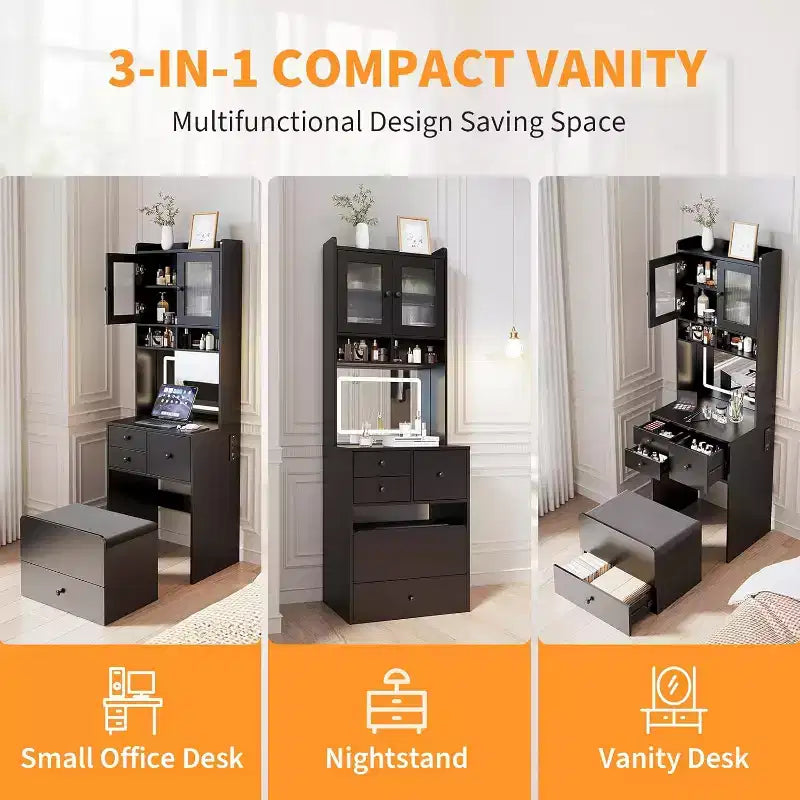 Coiffeuse compacte Acekool avec miroir, éclairage réglable, tiroir de rangement et station de charge, ensemble de table de maquillage pour chambre à coucher