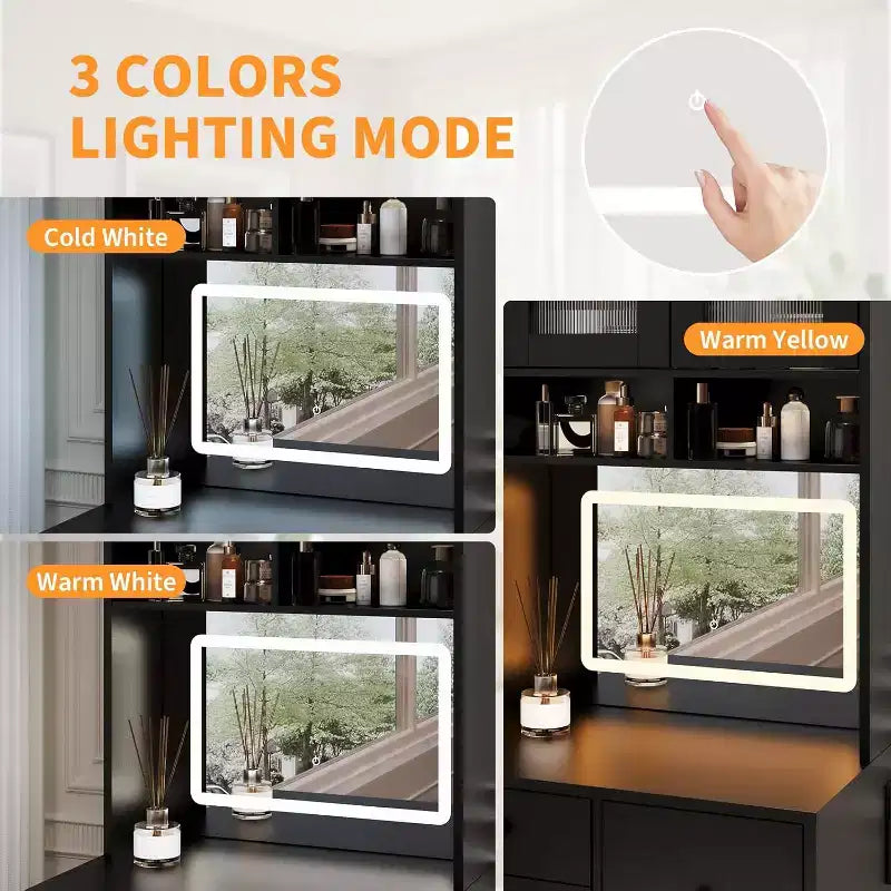 Coiffeuse compacte Acekool avec miroir, éclairage réglable, tiroir de rangement et station de charge, ensemble de table de maquillage pour chambre à coucher