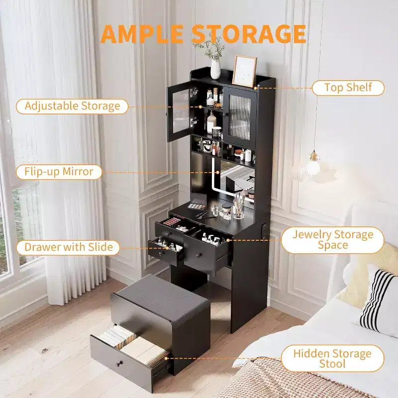 Coiffeuse compacte Acekool avec miroir, éclairage réglable, tiroir de rangement et station de charge, ensemble de table de maquillage pour chambre à coucher