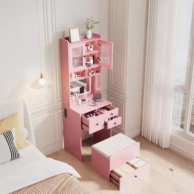 Coiffeuse compacte Acekool avec miroir, éclairage réglable, tiroir de rangement et station de charge, ensemble de table de maquillage pour chambre à coucher