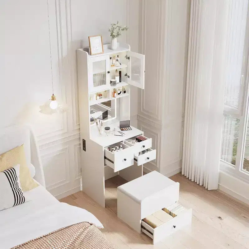Coiffeuse compacte Acekool avec miroir, éclairage réglable, tiroir de rangement et station de charge, ensemble de table de maquillage pour chambre à coucher