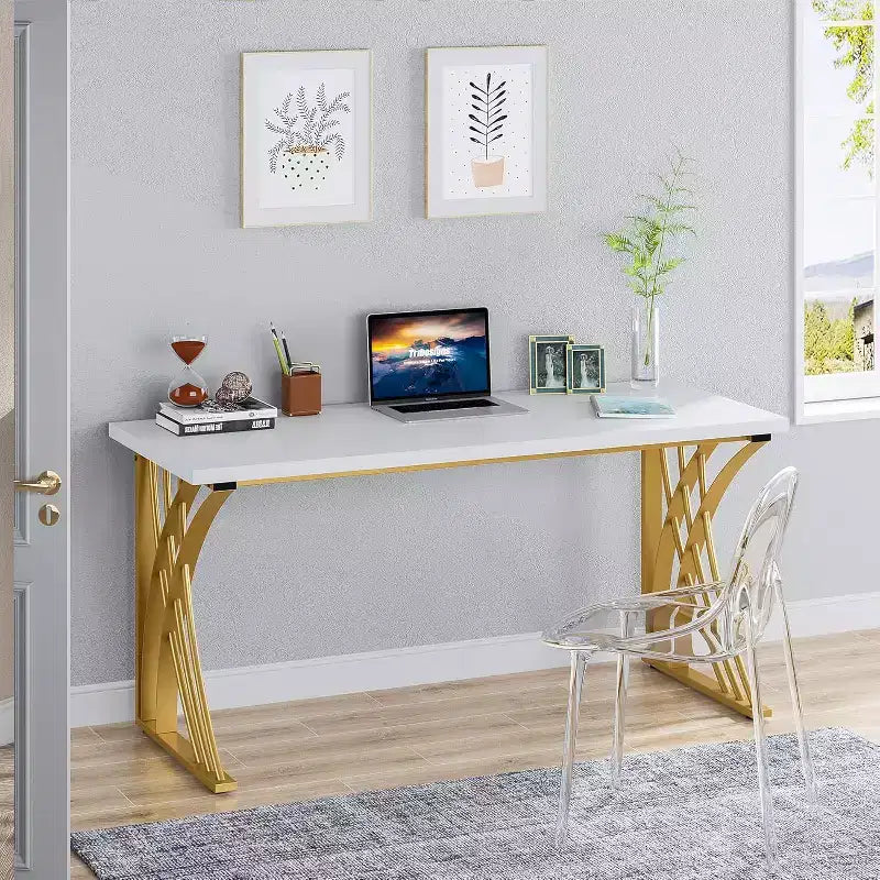 Grand bureau d'ordinateur moderne Lantine de 55 pouces, table de maquillage et pour ordinateur portable de luxe blanche et dorée avec cadre épais pour la maison et le bureau