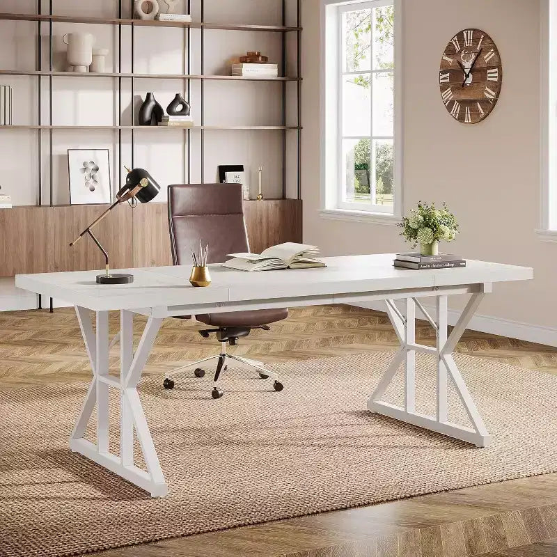 Grand bureau de direction Lantine de 179 cm, bureau d'ordinateur industriel pour la maison, longue table d'étude simple, mobilier de bureau (blanc)