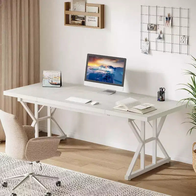 Grand bureau de direction Lantine de 179 cm, bureau d'ordinateur industriel pour la maison, longue table d'étude simple, mobilier de bureau (blanc)