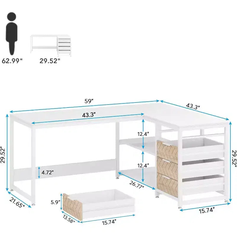 Bureau d'ordinateur d'angle en forme de L Lantine de 150 cm avec tiroirs de rangement et étagères, réversible, pour bureau à domicile, blanc