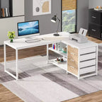 Bureau d'ordinateur d'angle en forme de L Lantine de 150 cm avec tiroirs de rangement et étagères, réversible, pour bureau à domicile, blanc