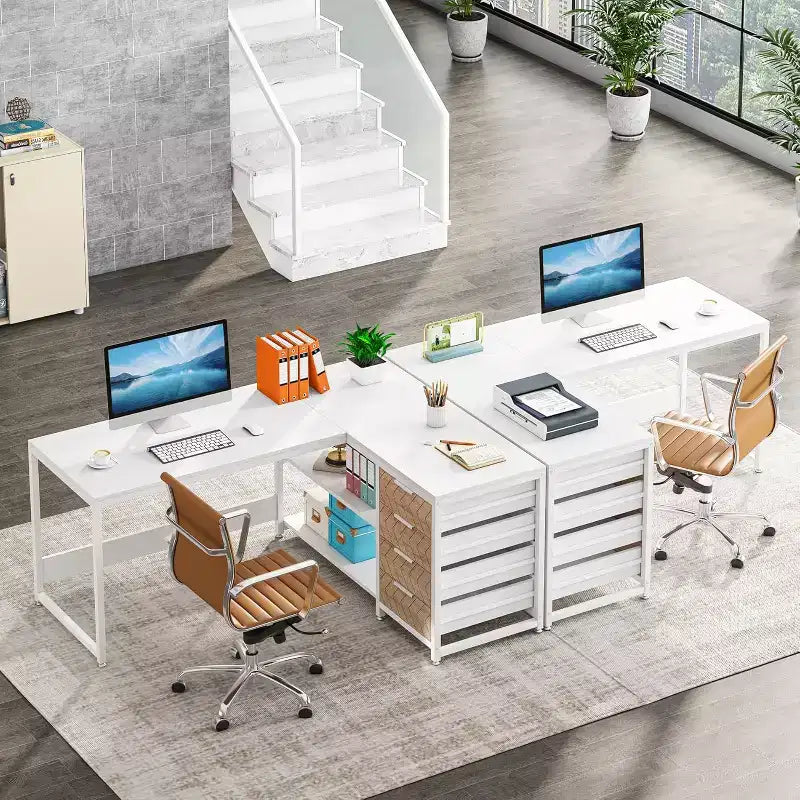 Bureau d'ordinateur d'angle en forme de L Lantine de 150 cm avec tiroirs de rangement et étagères, réversible, pour bureau à domicile, blanc