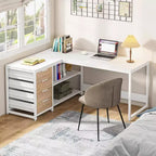 Bureau d'ordinateur d'angle en forme de L Lantine de 150 cm avec tiroirs de rangement et étagères, réversible, pour bureau à domicile, blanc
