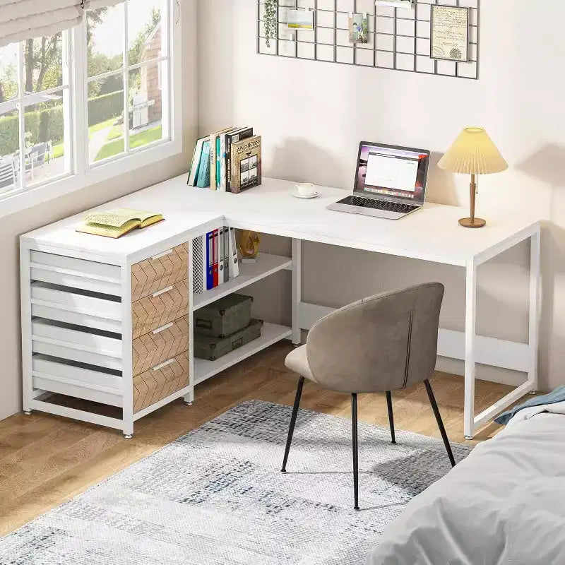 Bureau d'ordinateur d'angle en forme de L Lantine de 150 cm avec tiroirs de rangement et étagères, réversible, pour bureau à domicile, blanc