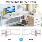 Bureau d'ordinateur d'angle en forme de L Lantine de 150 cm avec tiroirs de rangement et étagères, réversible, pour bureau à domicile, blanc