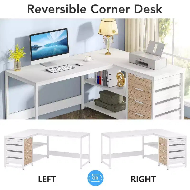 Bureau d'ordinateur d'angle en forme de L Lantine de 150 cm avec tiroirs de rangement et étagères, réversible, pour bureau à domicile, blanc