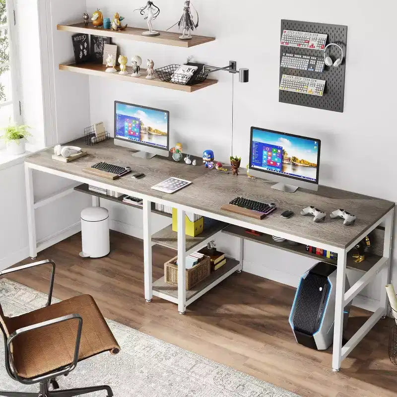 Lantine Bureau double de 199,9 cm avec étagère, bureau d'ordinateur double et poste de travail d'écriture pour bureau à domicile, gris/blanc