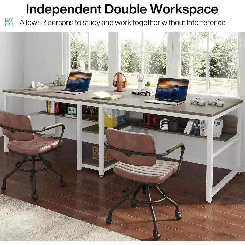 Lantine Bureau double de 199,9 cm avec étagère, bureau d'ordinateur double et poste de travail d'écriture pour bureau à domicile, gris/blanc