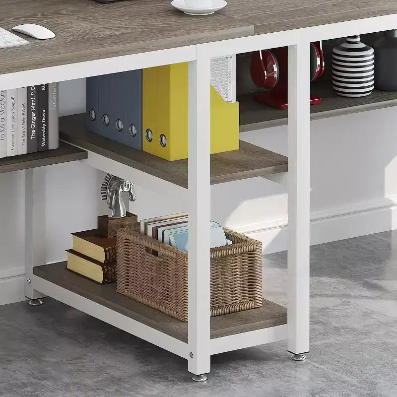 Lantine Bureau double de 199,9 cm avec étagère, bureau d'ordinateur double et poste de travail d'écriture pour bureau à domicile, gris/blanc
