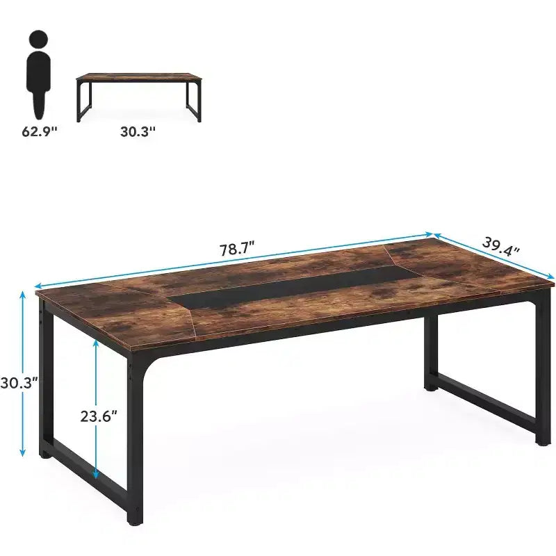 Table de Conférence Rectangulaire Lantine 78,7 Pouces pour 6 à 8 Personnes, Table de Réunion et de Séminaire Industrielle pour Bureau, Marron Rustique