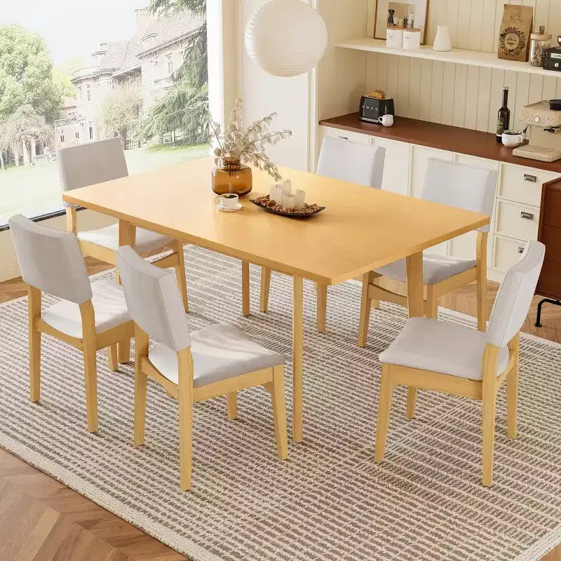 GDFStudio Dalton - Ensemble de salle à manger moderne 7 pièces - Table rectangulaire en bois massif et chaises rembourrées en lin