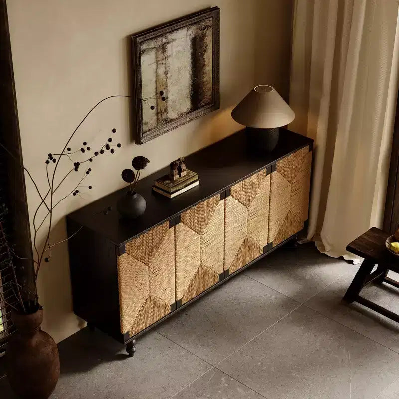 Console TV JVNOXK avec rangement, dotée de portes brossées et à motif d'algues marines, idéale pour les salles à manger. Naturel