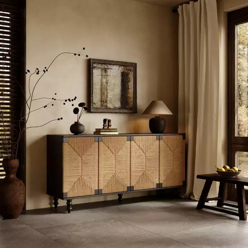 Console TV JVNOXK avec rangement, dotée de portes brossées et à motif d'algues marines, idéale pour les salles à manger. Naturel