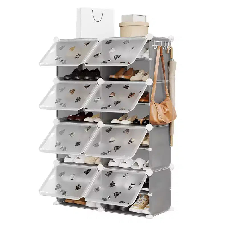 Meuble à chaussures 8 niveaux grande capacité avec crochets, montage facile, placard de rangement pour chaussures pour placard, couloir, chambre
