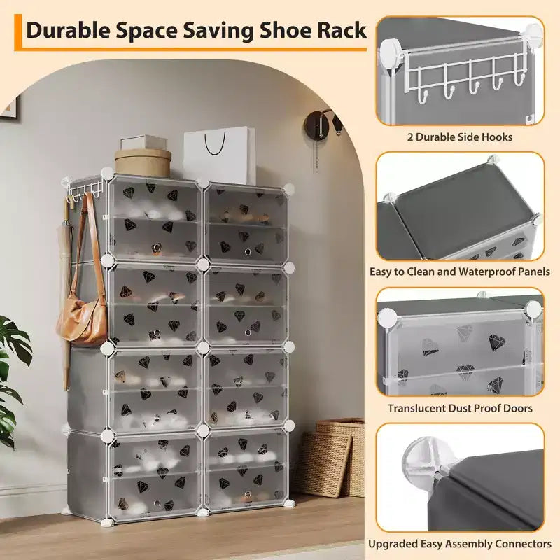 Meuble à chaussures 8 niveaux grande capacité avec crochets, montage facile, placard de rangement pour chaussures pour placard, couloir, chambre