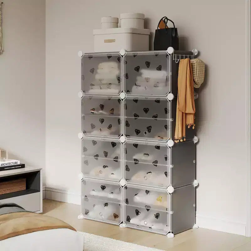 Meuble à chaussures 8 niveaux grande capacité avec crochets, montage facile, placard de rangement pour chaussures pour placard, couloir, chambre
