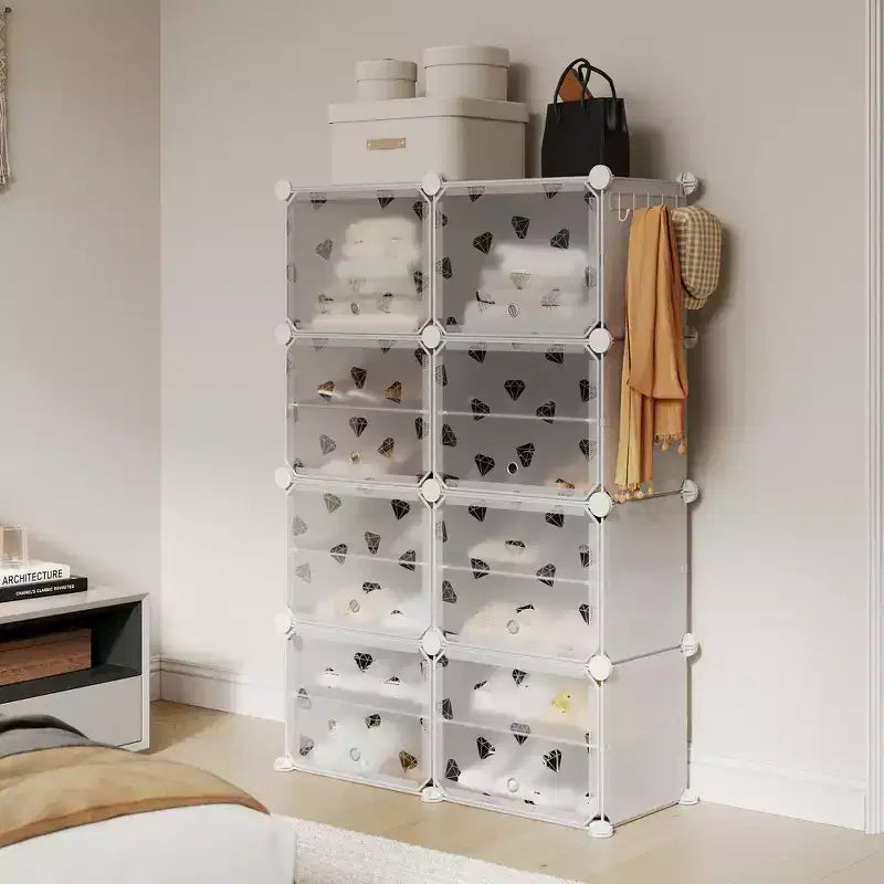 Meuble à chaussures 8 niveaux grande capacité avec crochets, montage facile, placard de rangement pour chaussures pour placard, couloir, chambre