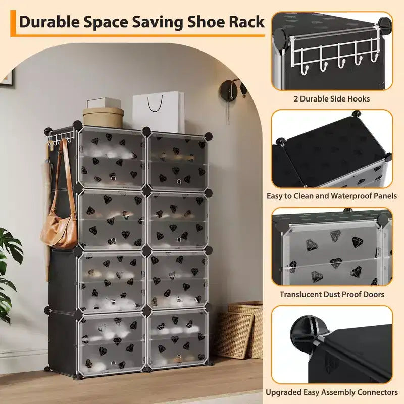 Meuble à chaussures 8 niveaux grande capacité avec crochets, montage facile, placard de rangement pour chaussures pour placard, couloir, chambre