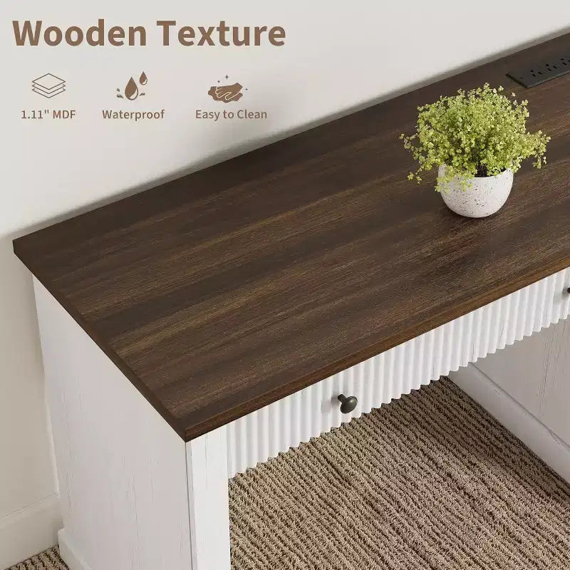 Rangement de bureau cannelé pour la maison, bureau de direction moderne de 54 po avec station de recharge, bureau d'ordinateur en bois avec classeur et tiroirs