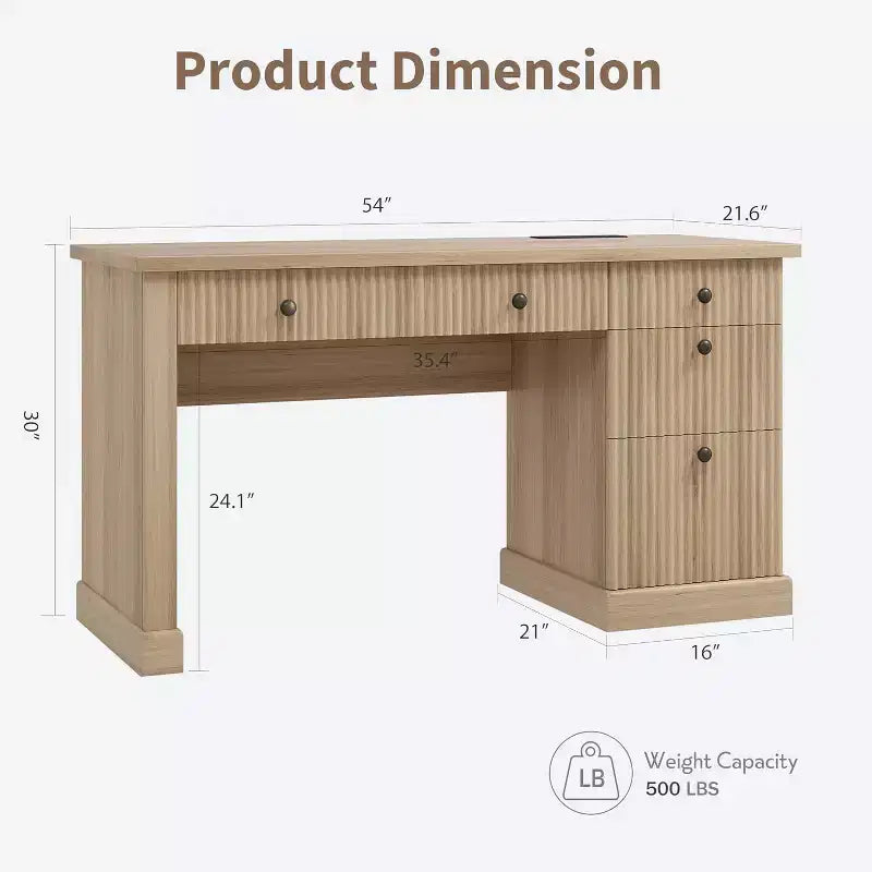 Rangement de bureau cannelé pour la maison, bureau de direction moderne de 54 po avec station de recharge, bureau d'ordinateur en bois avec classeur et tiroirs