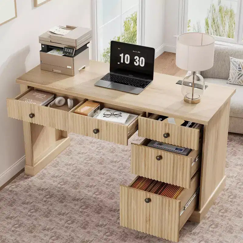Rangement de bureau cannelé pour la maison, bureau de direction moderne de 54 po avec station de recharge, bureau d'ordinateur en bois avec classeur et tiroirs