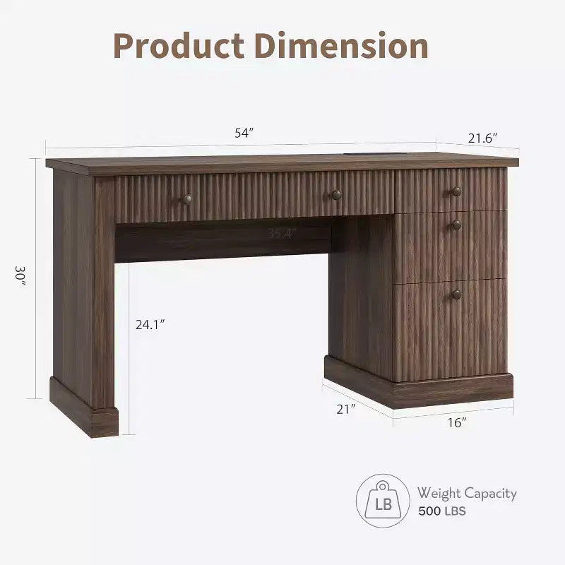 Rangement de bureau cannelé pour la maison, bureau de direction moderne de 54 po avec station de recharge, bureau d'ordinateur en bois avec classeur et tiroirs