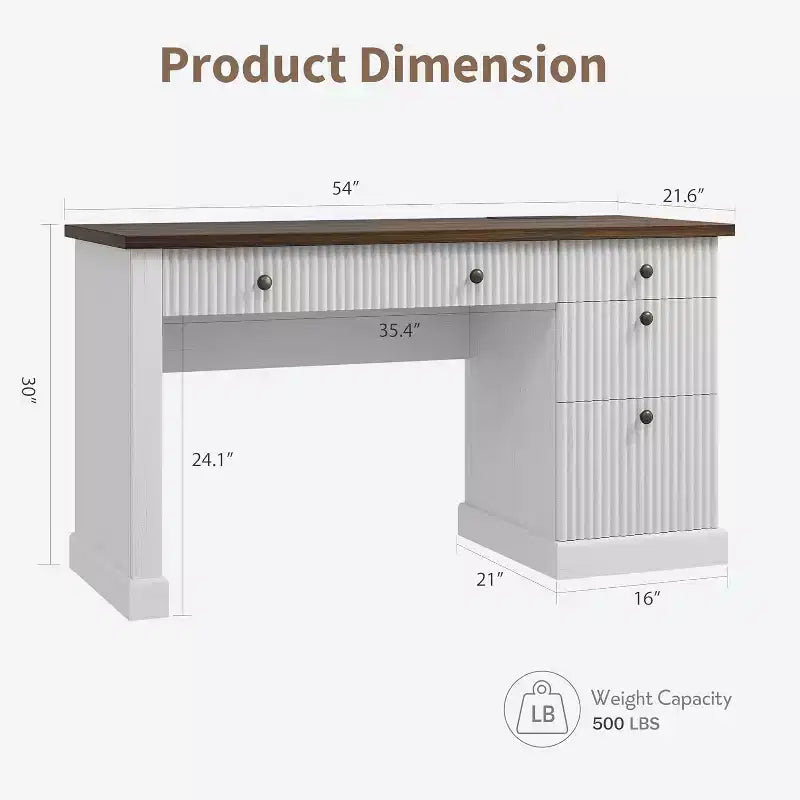 Rangement de bureau cannelé pour la maison, bureau de direction moderne de 54 po avec station de recharge, bureau d'ordinateur en bois avec classeur et tiroirs