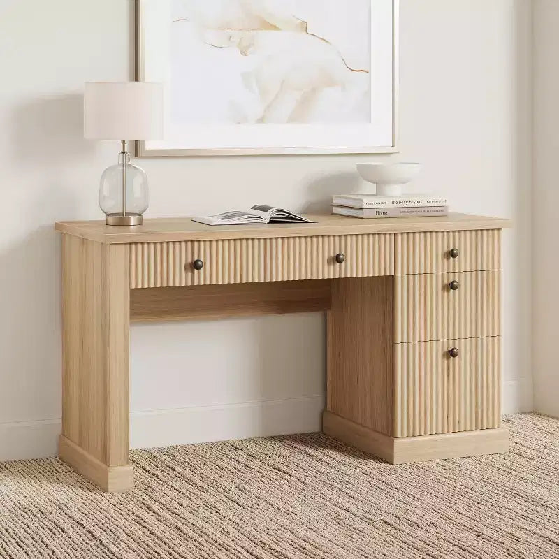 Rangement de bureau cannelé pour la maison, bureau de direction moderne de 54 po avec station de recharge, bureau d'ordinateur en bois avec classeur et tiroirs