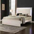 Lit Queen Size Royal Hampton avec LED sur la tête de lit, finition patinée blanc antique