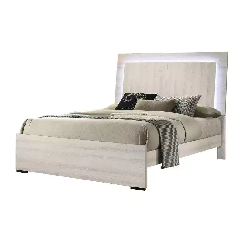 Lit Queen Size Royal Hampton avec LED sur la tête de lit, finition patinée blanc antique