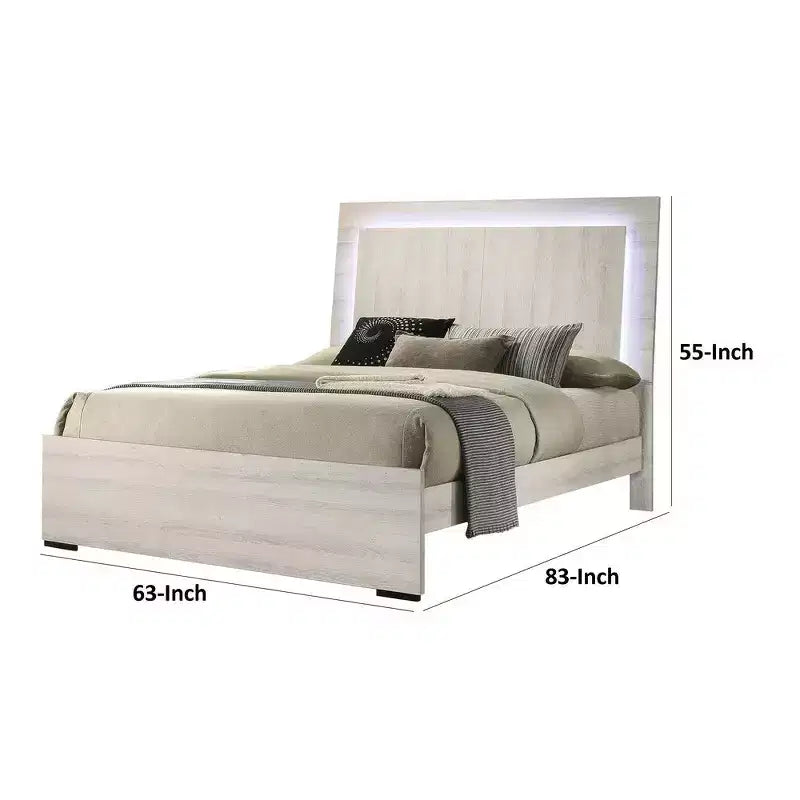 Lit Queen Size Royal Hampton avec LED sur la tête de lit, finition patinée blanc antique