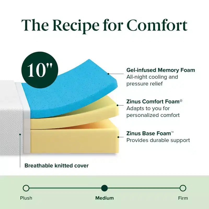 Matelas en mousse à mémoire de forme rafraîchissante Zinus au thé vert de 25 cm, Queen, sans fibre de verre, fermeté moyenne, mousse de gel rafraîchissante, mousses et tissus certifiés sûrs.