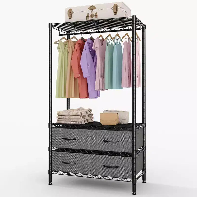 Freestanding Heavy-Duty Clothes Rack with 4 Fabric Drawers, Adjustable Shelves & Hanging Rod, Space-Saving Garment Organizer, 71.5 H