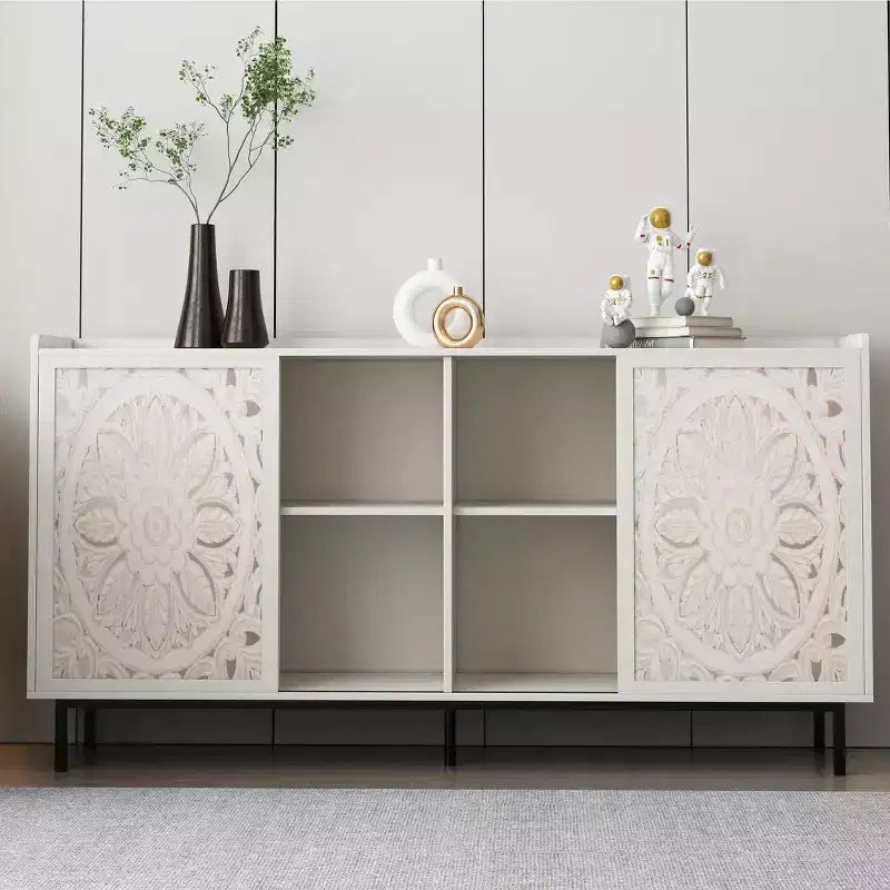 Meuble TV GDFStudio Vesna 58,6'' moderne de style mid-century avec motif ajouré, 2 portes et 2 étagères