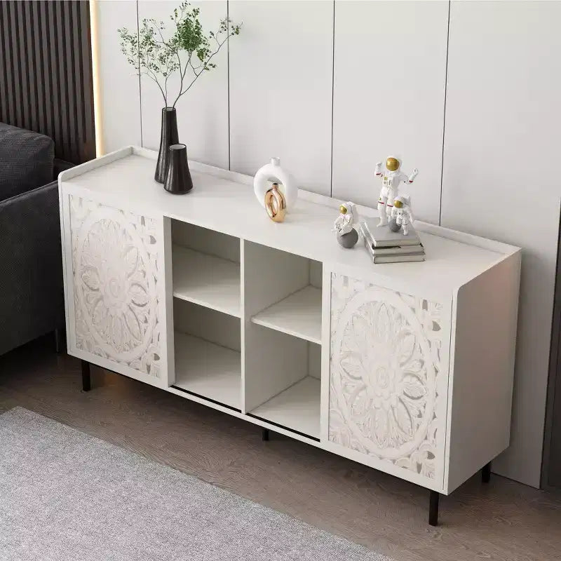 Meuble TV GDFStudio Vesna 58,6'' moderne de style mid-century avec motif ajouré, 2 portes et 2 étagères