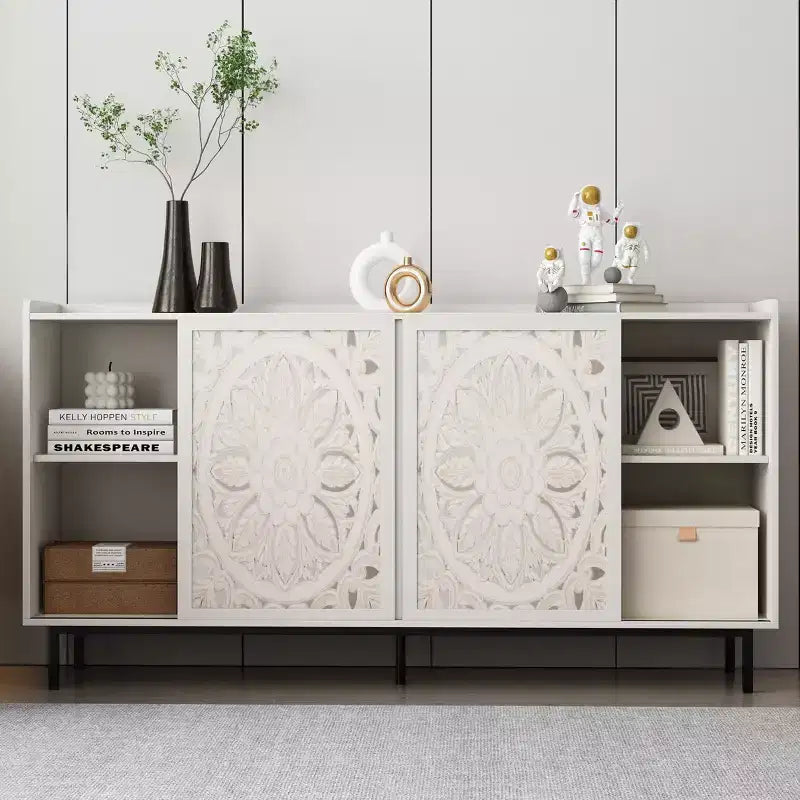 Meuble TV GDFStudio Vesna 58,6'' moderne de style mid-century avec motif ajouré, 2 portes et 2 étagères